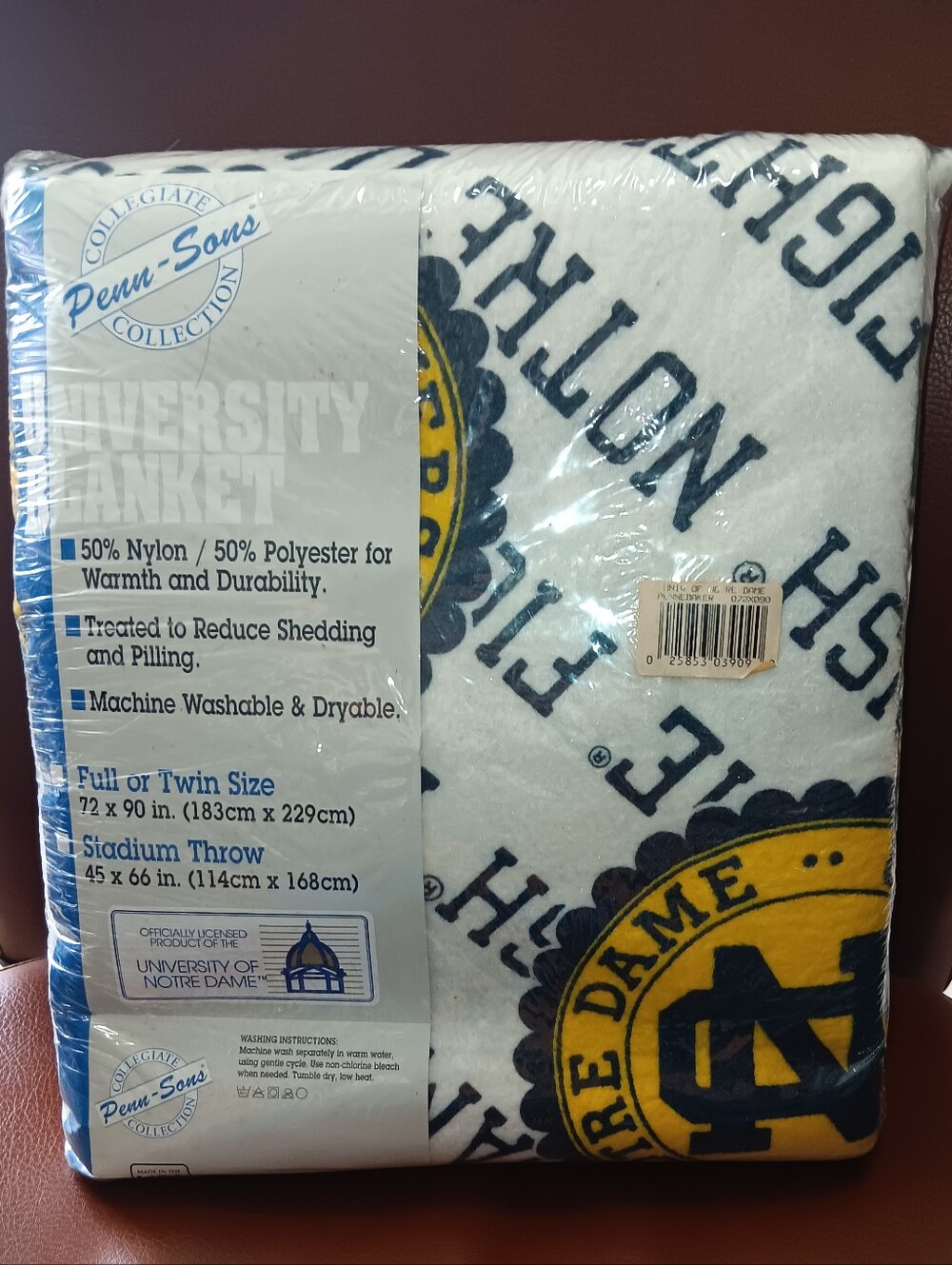 Penn-Sons Notre Dame Navy and Gold Collegiate Blanket New In Package